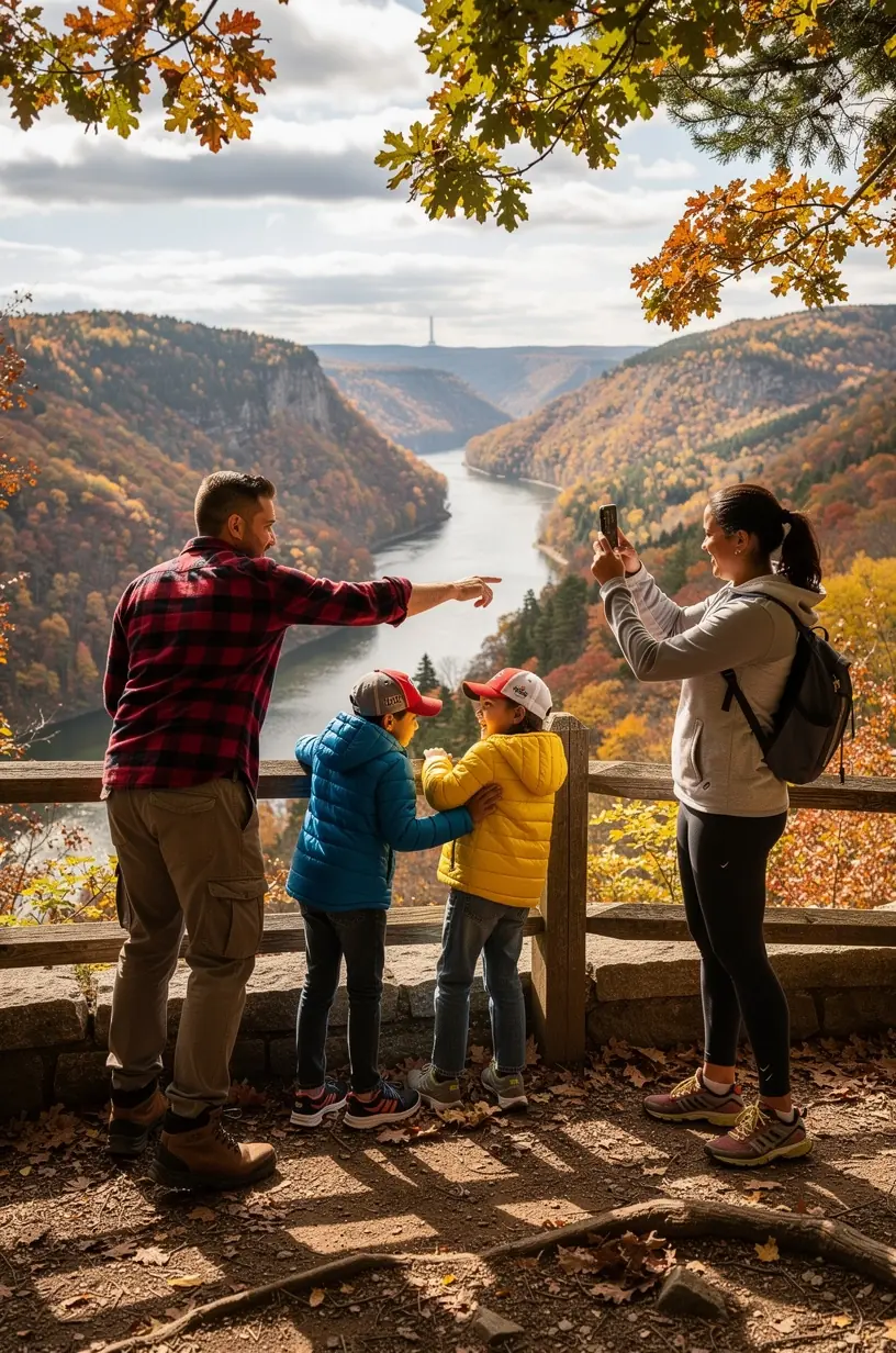 Traveler using a smartphone for navigation while standing near a quaint town welcome sign.